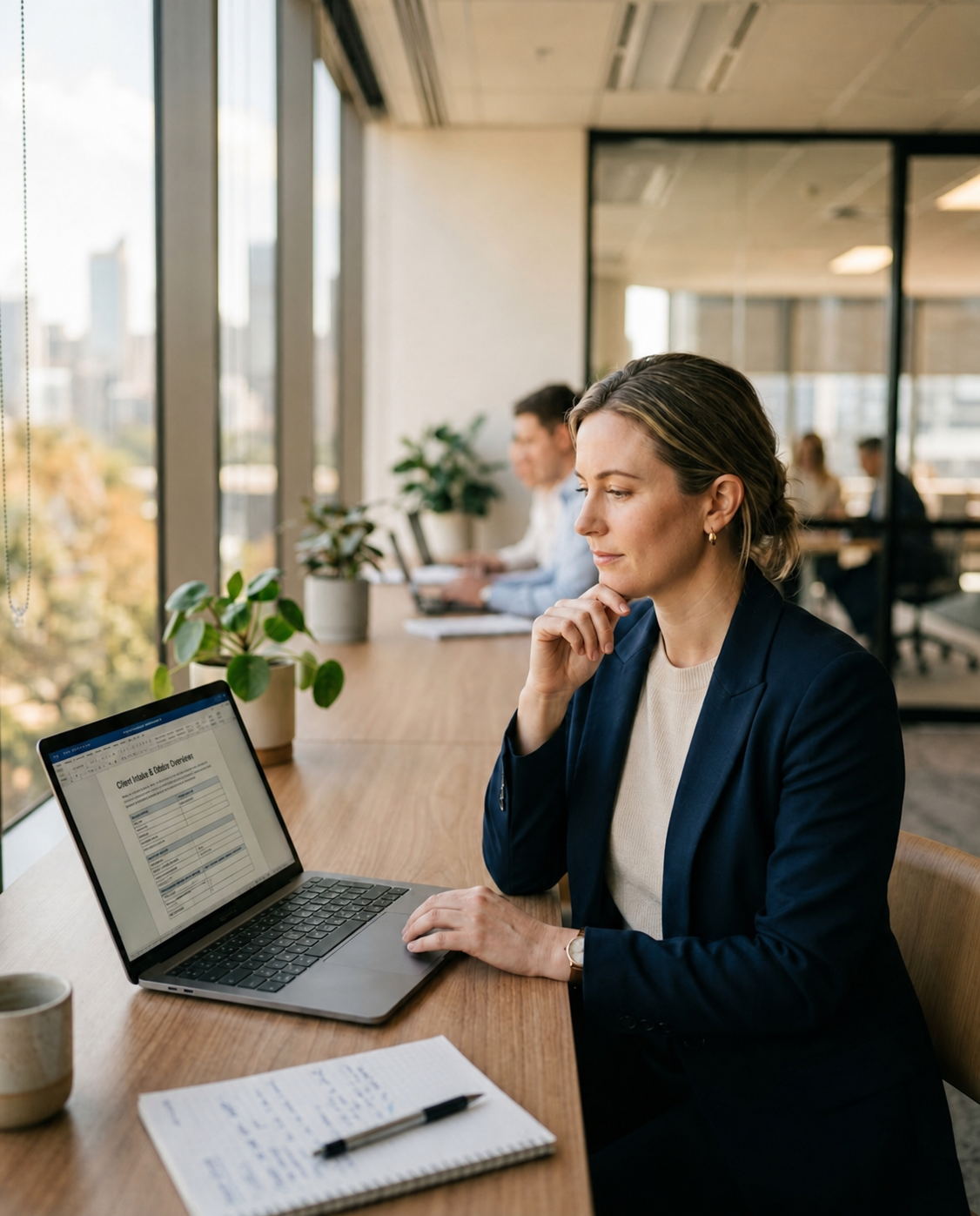 Lawyer reviewing an intake workflow on a laptop