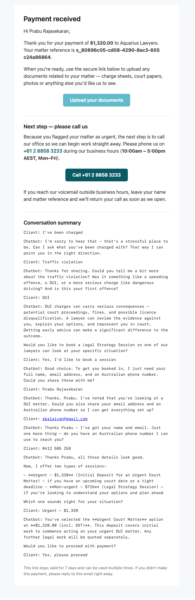 Payment Receipt with Chat Transcript