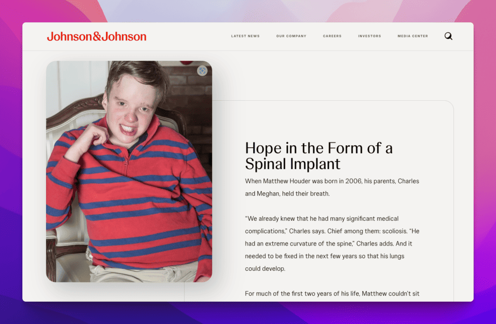Screenshot of patient stories article from Johnson & Johnson